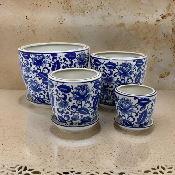 Planter With Saucer Set of 4, Vintage Blue Floral Print, White Ceramic