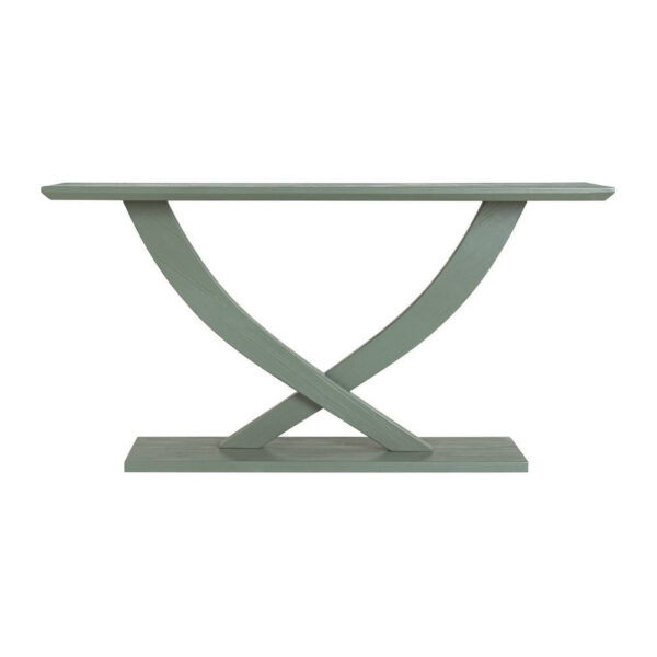 Rase 57 Inch Console Table, Cross Leg Design, Pedestal Base, Gray Green