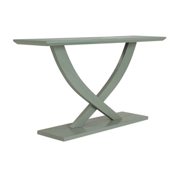 Rase 57 Inch Console Table, Cross Leg Design, Pedestal Base, Gray Green