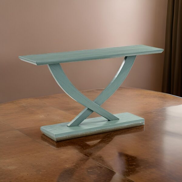 Rase 57 Inch Console Table, Cross Leg Design, Pedestal Base, Gray Green