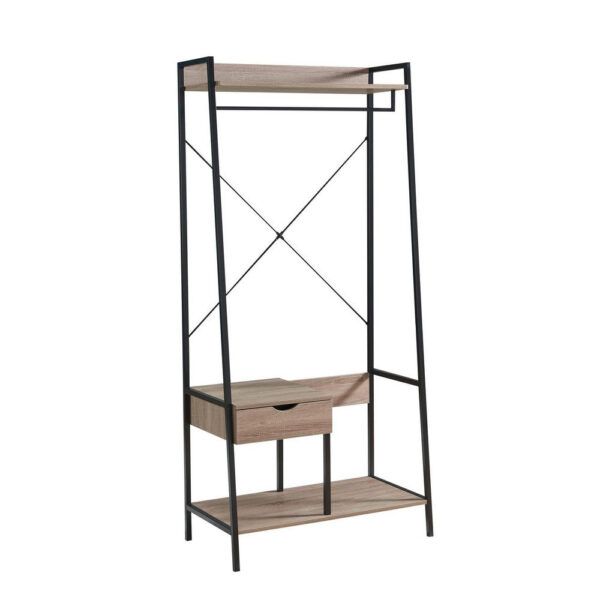Bery 71 Inch Clothing Rack, 1 Drawer, Hanging Rod, Open Shelf, Taupe, Black