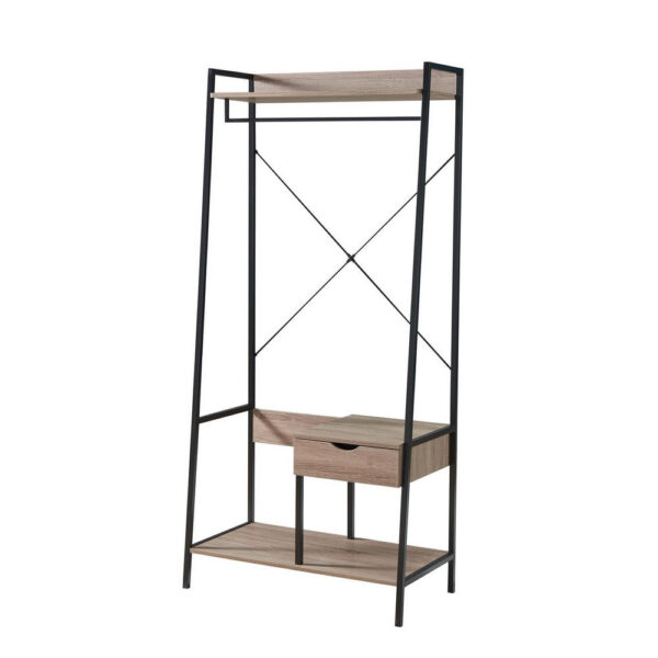 Bery 71 Inch Clothing Rack, 1 Drawer, Hanging Rod, Open Shelf, Taupe, Black