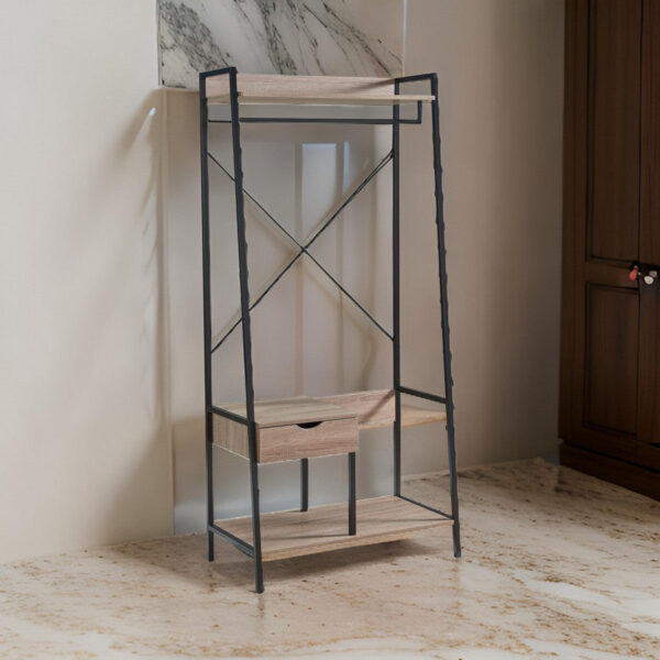 Bery 71 Inch Clothing Rack, 1 Drawer, Hanging Rod, Open Shelf, Taupe, Black