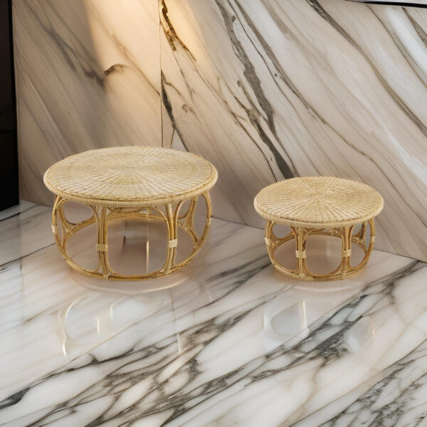 32, 40 Inch Coffee Table Set of 2, Round Tops, Handwoven Rattan, Brown