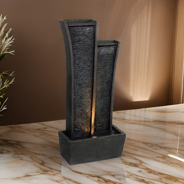 150220266991a7cf36f79.jpeg 41 Inch Tower Water Fountain, Tall Rectangular Rock, Halogen Light, Gray