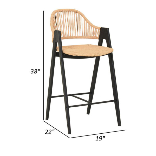 26 Inch Counter Stool Chair Set of 2, Woven Back, Iron Frame, Rattan, Beige