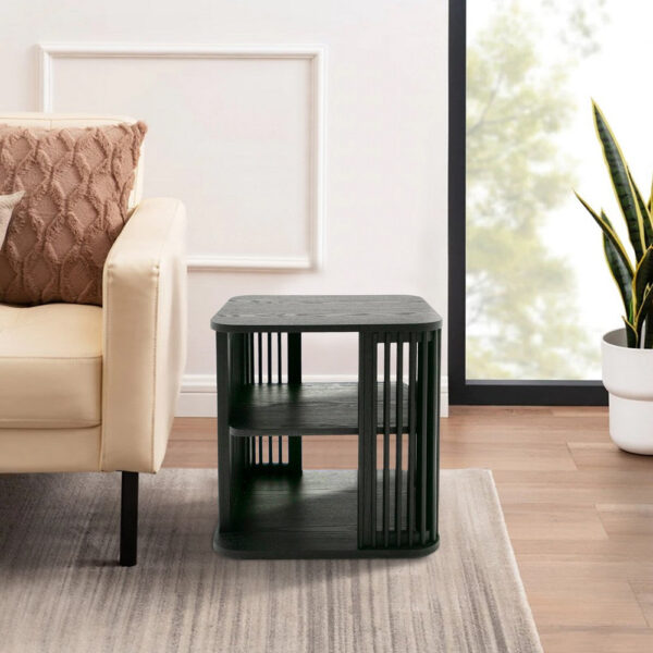 19 Inch Side End Table, 3 Shelves, Modern Vertical Slats, Black Ash Wood