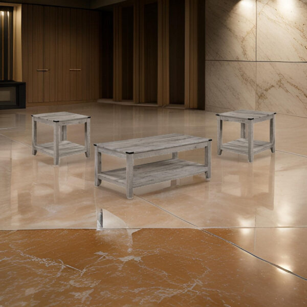 Hilton 3 Piece Coffee and End Table Set, Wood, Storage Shelf, Beige Finish