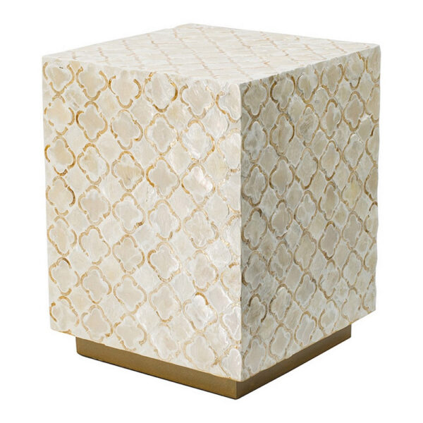 18 Inch Accent Side End Table Stool, Square, Cream Capiz, Gold Base