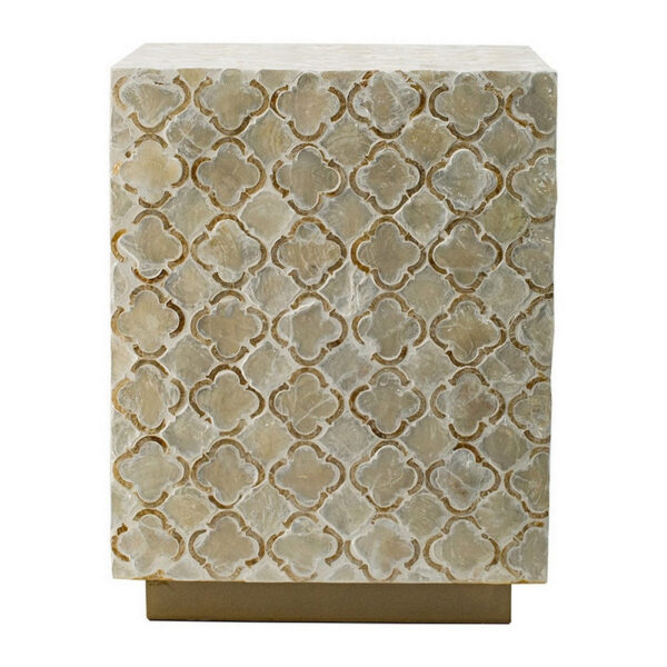 18 Inch Accent Side End Table Stool, Square, Cream Capiz, Gold Base