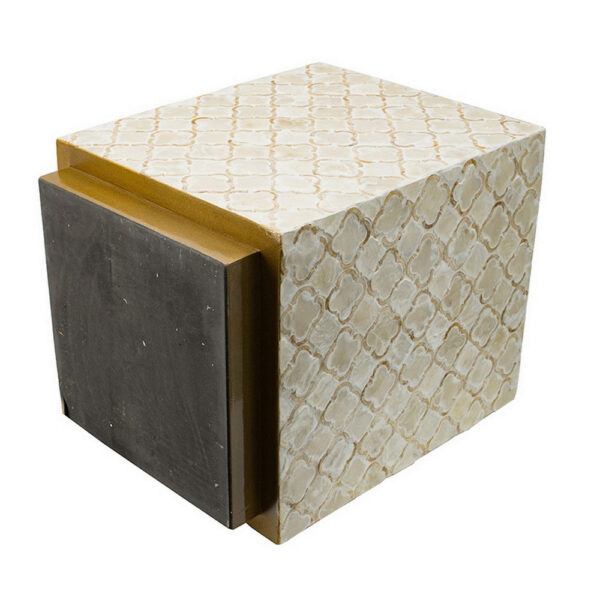 18 Inch Accent Side End Table Stool, Square, Cream Capiz, Gold Base