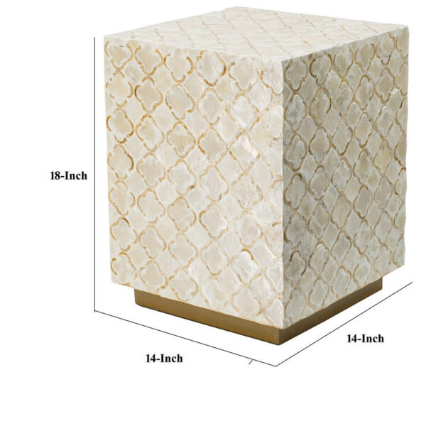 18 Inch Accent Side End Table Stool, Square, Cream Capiz, Gold Base
