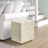 18 Inch Accent Side End Table Stool, Square, Cream Capiz, Gold Base
