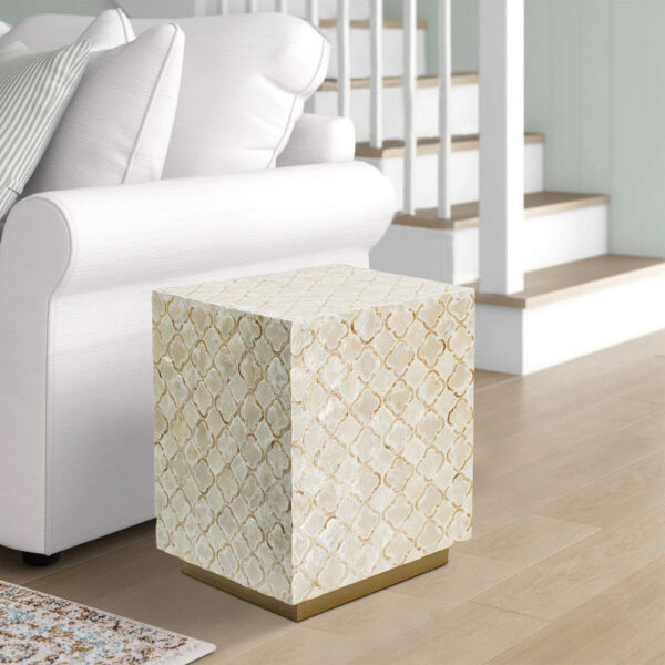 18 Inch Accent Side End Table Stool, Square, Cream Capiz, Gold Base