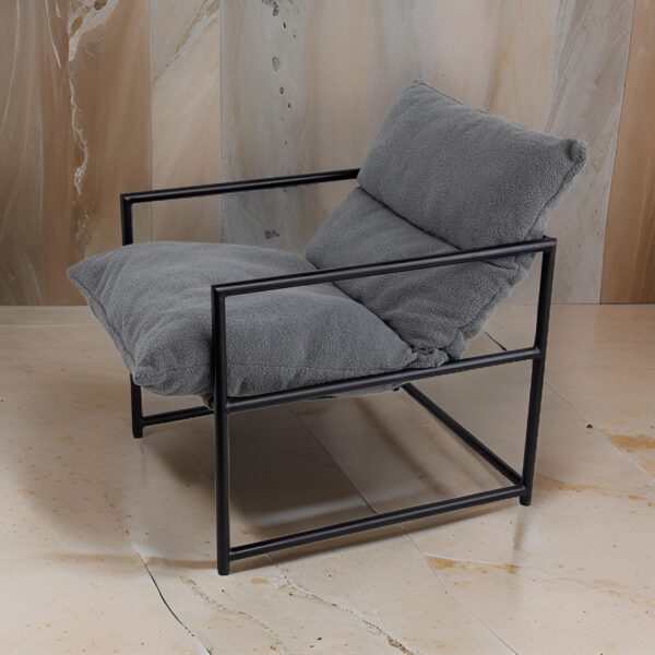 150220266991a9f9532a1.jpeg 26 Inch Accent Chair with Cushion, Black Iron, Light Gray Faux Leather