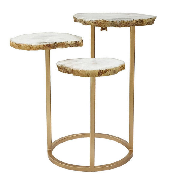 18 Inch Accent Side Table, 3 Tier Design, White Agate Top, Gold Iron Base
