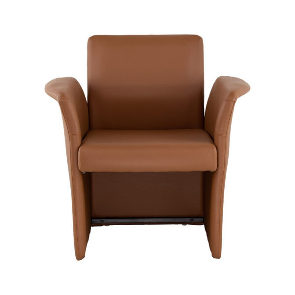 32 Inch Accent Chair, Curved, Extended Back, Caramel Brown Faux Leather