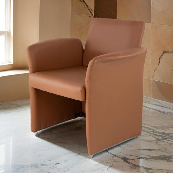 32 Inch Accent Chair, Curved, Extended Back, Caramel Brown Faux Leather