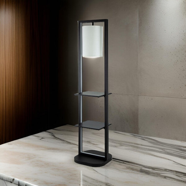 150220266991aab5a950e.jpeg 74 Inch Floor Lamp with 2 Shelves, Round Lampshade, Black Iron, White