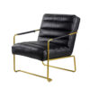 30 Inch Accent Chair, Gold Iron Frame, Channel Tufted Black Faux Leather