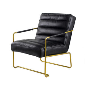 30 Inch Accent Chair, Gold Iron Frame, Channel Tufted Black Faux Leather