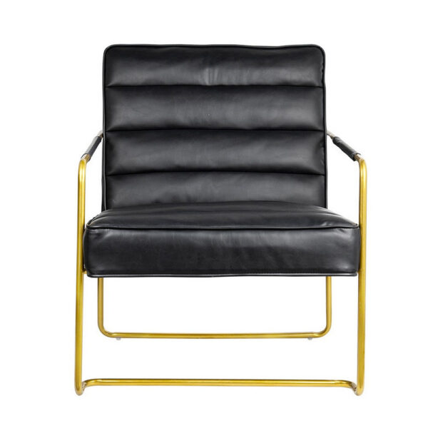 30 Inch Accent Chair, Gold Iron Frame, Channel Tufted Black Faux Leather