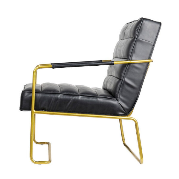 30 Inch Accent Chair, Gold Iron Frame, Channel Tufted Black Faux Leather