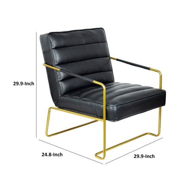 30 Inch Accent Chair, Gold Iron Frame, Channel Tufted Black Faux Leather