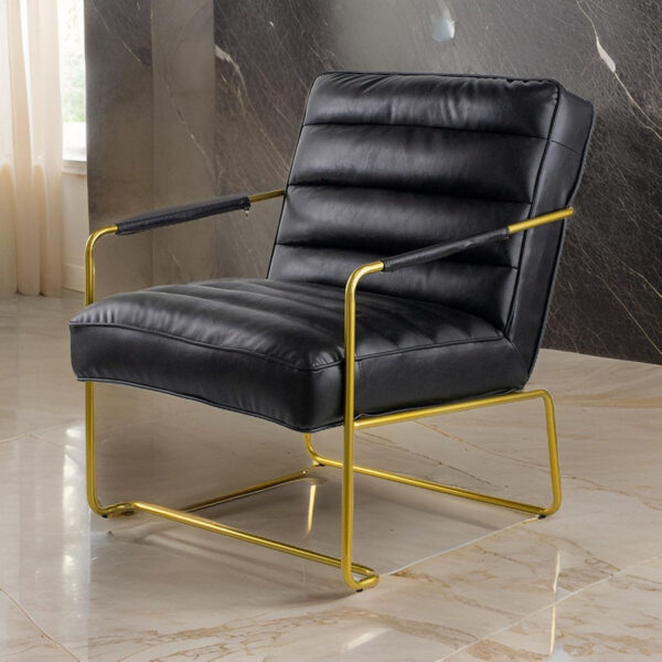 30 Inch Accent Chair, Gold Iron Frame, Channel Tufted Black Faux Leather
