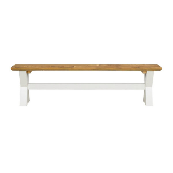 150220266991aad1b2153.jpeg 70 Inch Dining Bench, White X Leg Trestle Base, Acacia Wood, Brown Seat