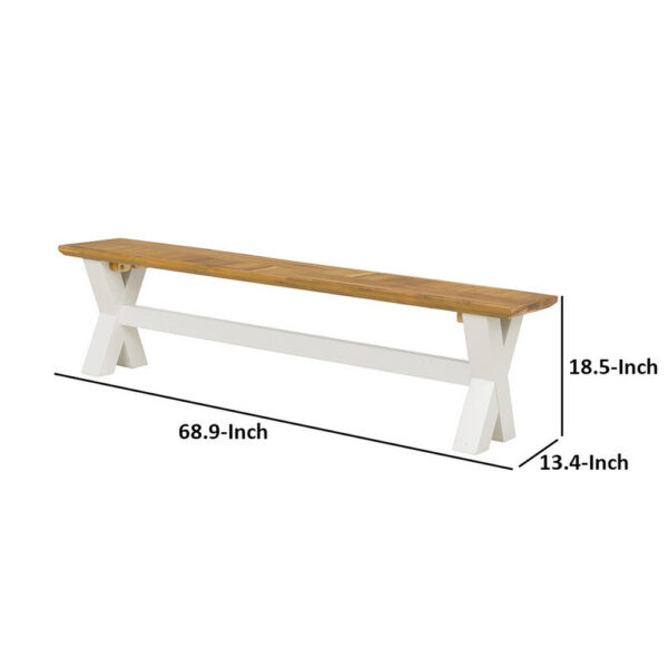 150220266991aad64b113.jpeg 70 Inch Dining Bench, White X Leg Trestle Base, Acacia Wood, Brown Seat