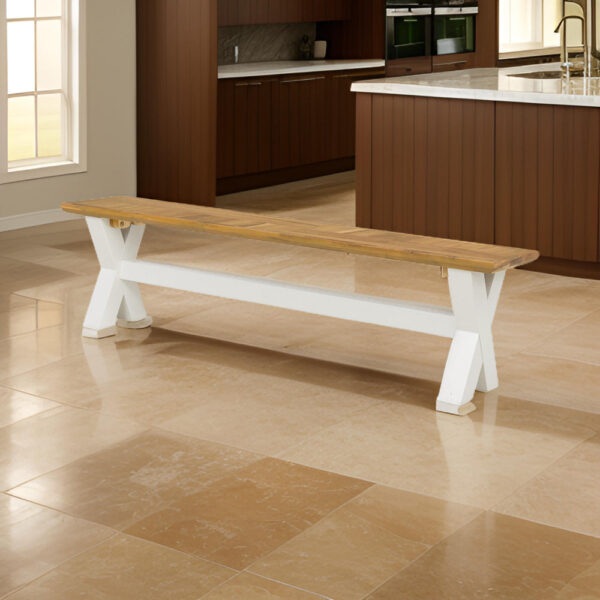 150220266991aad7d35b6.jpeg 70 Inch Dining Bench, White X Leg Trestle Base, Acacia Wood, Brown Seat