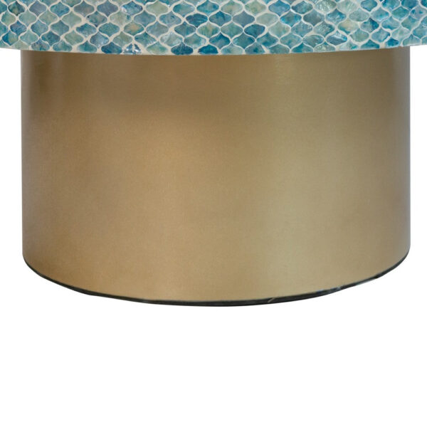 Piki 35 Inch Coffee Table, Round, Mughal Capiz Inlaid Pattern, Blue, Gold