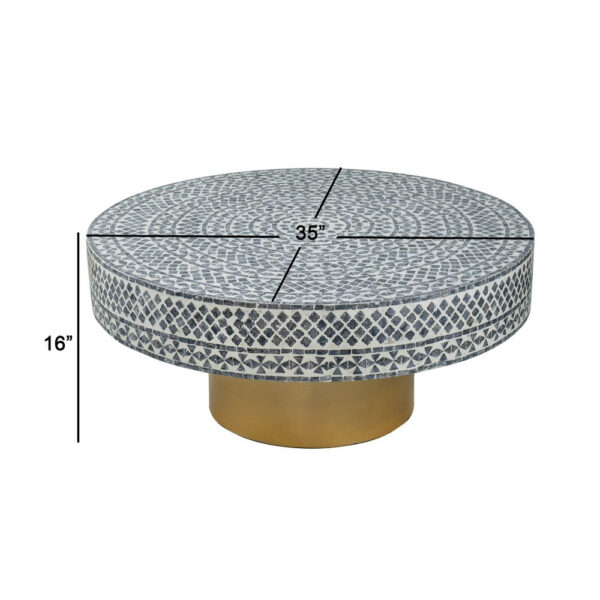 Piki 35 Inch Coffee Table, Mughal Capiz Inlaid Pattern, Gray, Gold