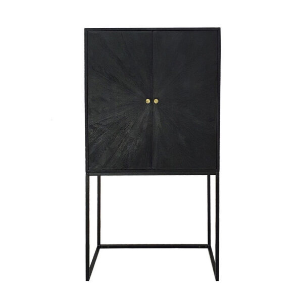 59 Inch Accent Cabinet, 2 Doors, Iron Stand, Acacia Wood, MDF, Black