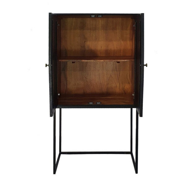 59 Inch Accent Cabinet, 2 Doors, Iron Stand, Acacia Wood, MDF, Black