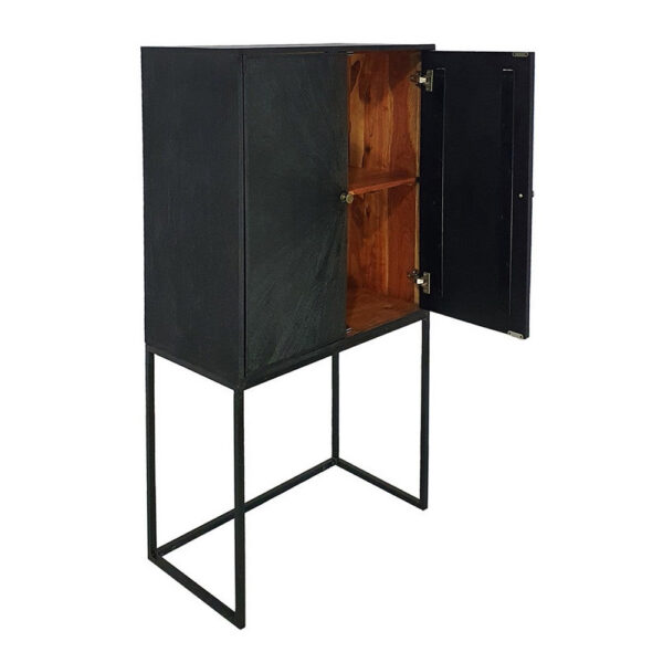 59 Inch Accent Cabinet, 2 Doors, Iron Stand, Acacia Wood, MDF, Black