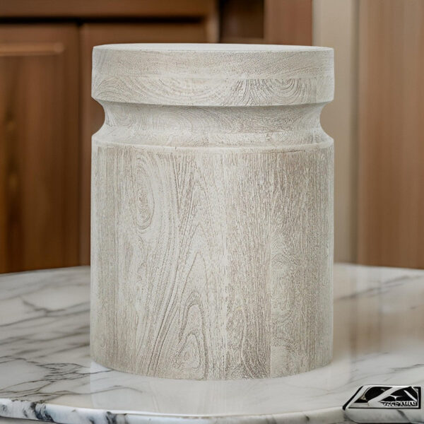 150220266991ab38197f1.jpeg Kiv 18 Inch Side End Table, Round Mango Wood Top, Carved Accent Base, Gray