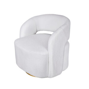Xion 30 Inch Swivel Accent Chair, White Fabric Upholstery, Gold Iron Base