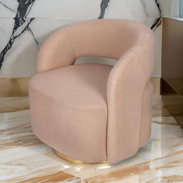 Xion 30 Inch Swivel Accent Chair, Brown Fabric Upholstery, Gold Iron Base