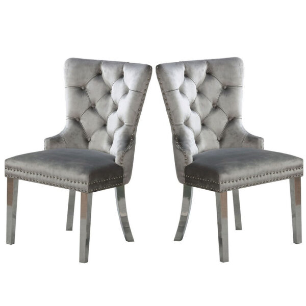 24 Inch Dining Side Chair Set of 2, Tufted Silver Gray Fabric, Chrome legs