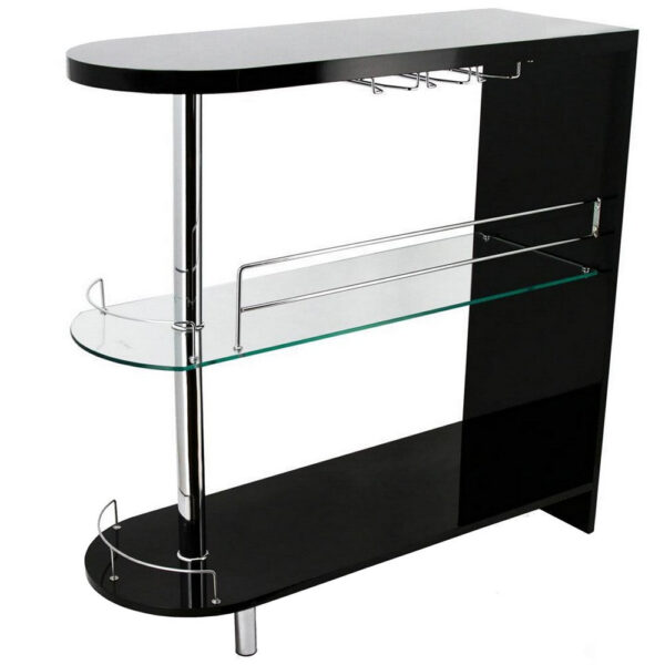 Zaina 42 Inch Modern Bar Table, 3 Shelves, Tempered Glass, Black, Chrome