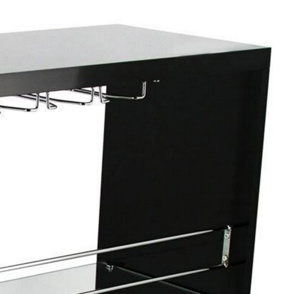 Zaina 42 Inch Modern Bar Table, 3 Shelves, Tempered Glass, Black, Chrome