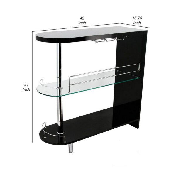 Zaina 42 Inch Modern Bar Table, 3 Shelves, Tempered Glass, Black, Chrome