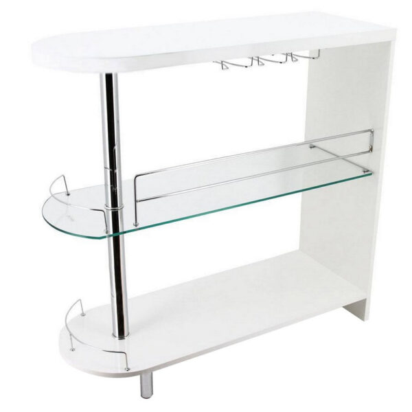 Zaina 42 Inch Modern Bar Table, 3 Shelves, Tempered Glass, White, Chrome