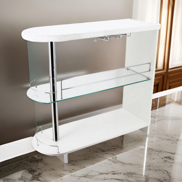 Zaina 42 Inch Modern Bar Table, 3 Shelves, Tempered Glass, White, Chrome