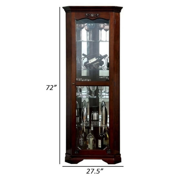72 Inch Corner Curio Cabinet, 5 Shelves, Tempered Glass Door, Brown Wood