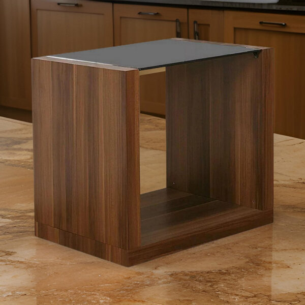 Bere 24 Inch Side End Table, Black Glass Top, Open Bottom Shelf, Brown Wood