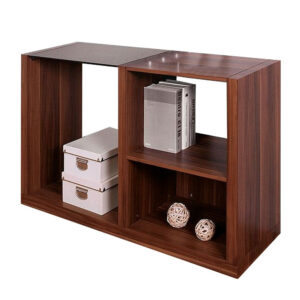 Bere 47 Inch Sofa Table with Black Glass Top, Open Shelves, Brown Wood