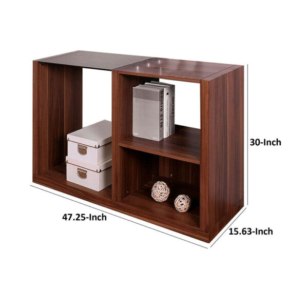 150220266991abcd526d2.jpeg Bere 47 Inch Sofa Table with Black Glass Top, Open Shelves, Brown Wood